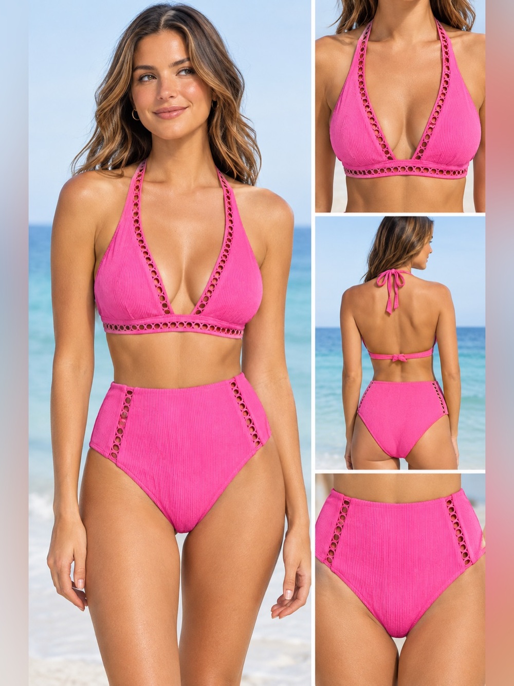 BECCA Pink Ribbed Bikini Set Crochet Trim
Halter Top High Rise Bottom
